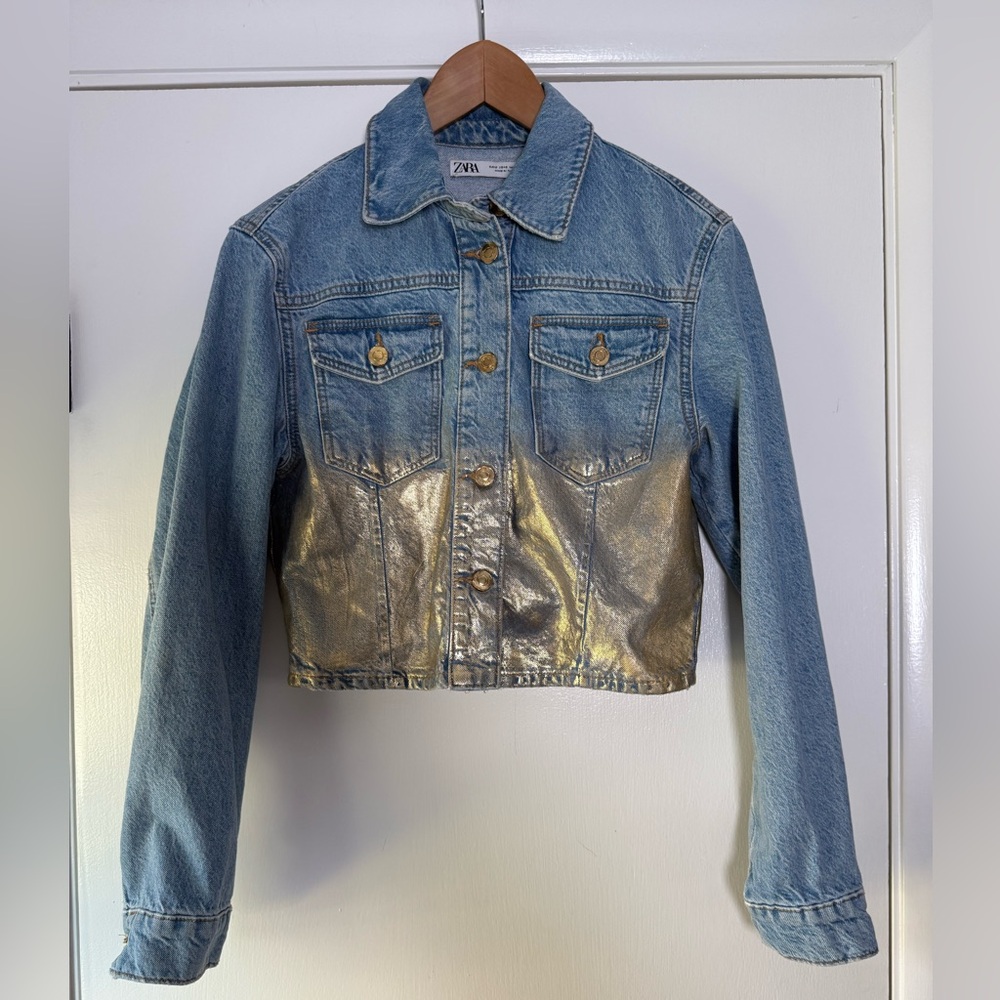 Zara Z1975 Metallic Dipped Coated Cropped Denim Jacket Retro Streetwear Chic